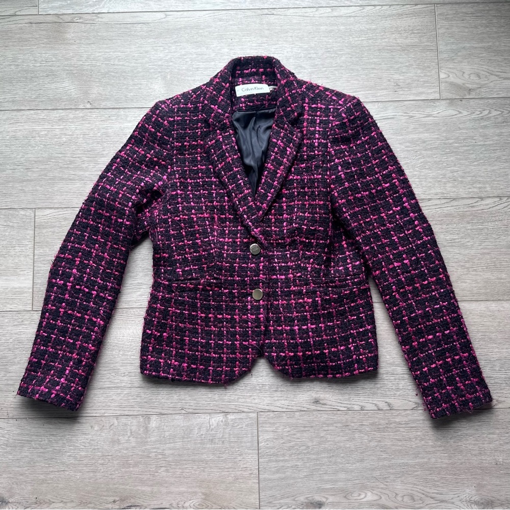 Calvin Klein Tweed Blazer‎ Pink Black Cropped Jacket Size 6P Petite